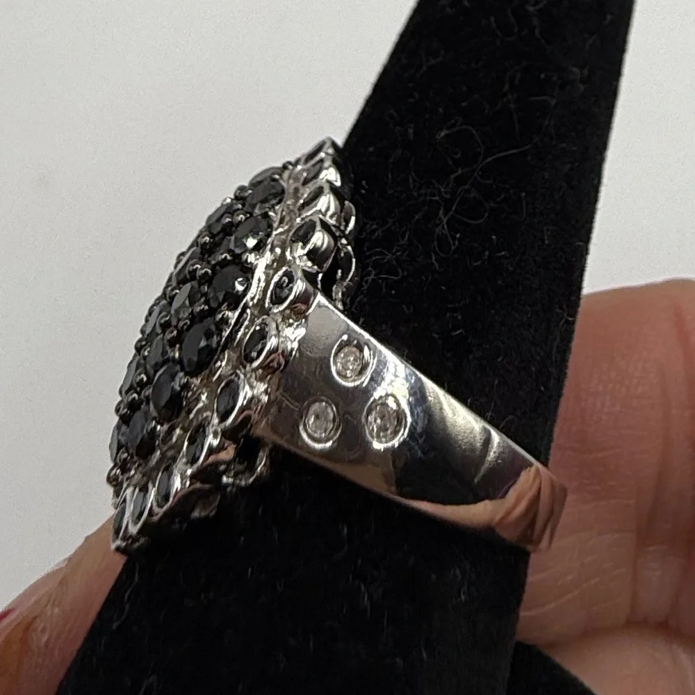 Bold Black Pavé Crystal Ring 925 Sterling Silver Size 7.5